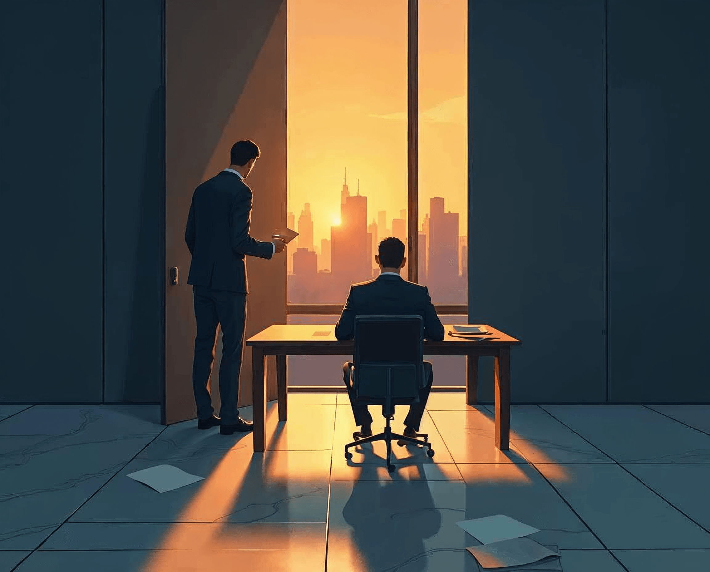Deux cadres de dos dans un bureau de direction au crépuscule, l'un debout à l'écart près de la porte, l'autre assis au bureau, illustration éditoriale navy et or sur le manager toxique