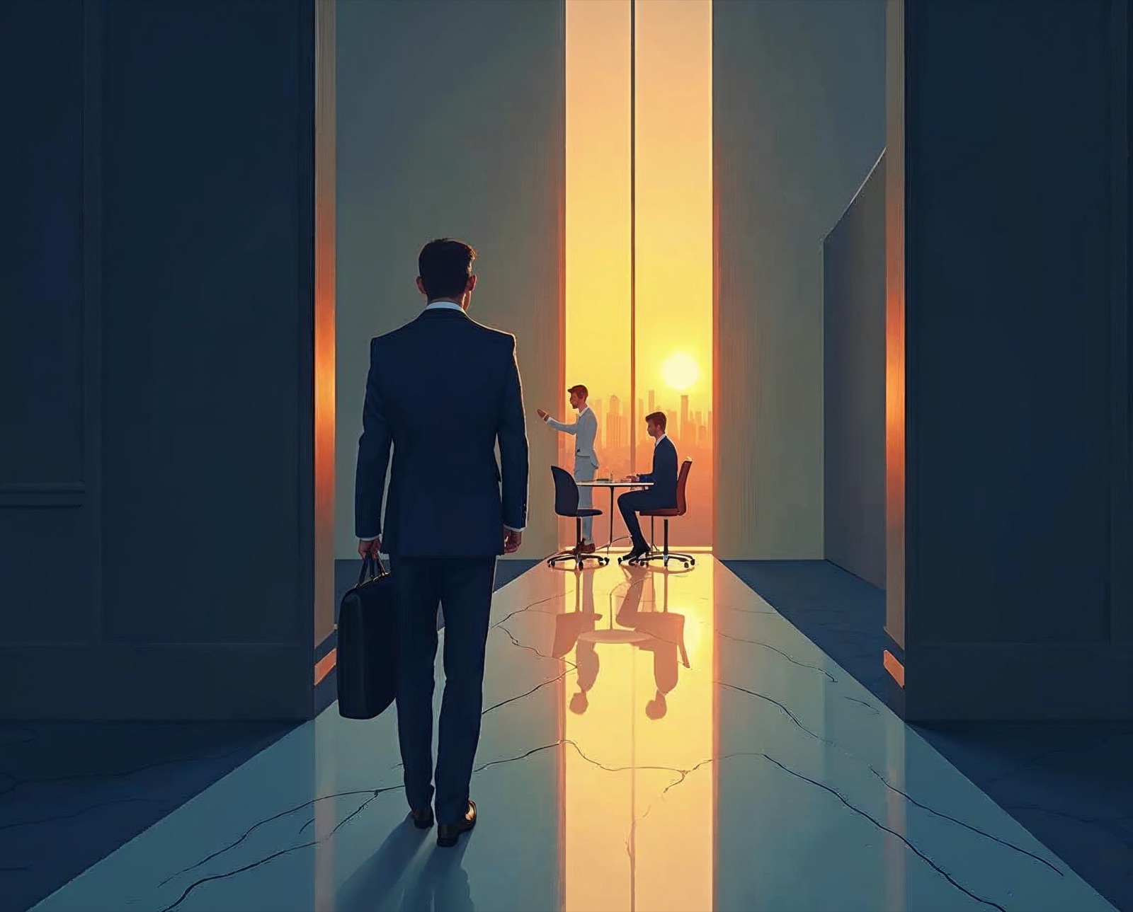 Illustration éditoriale : un cadre approche un décideur, erreurs de réseautage carrière à éviter